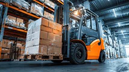 Obraz premium Industrial Warehouse Forklift Moving Pallet of Cardboard Boxes Inside Storage Facility with Modern Racking and Efficient Logistics Operations