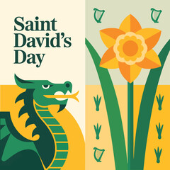 Saint David's Day green dragon yellow daffodil harp and text Wales Welsh
