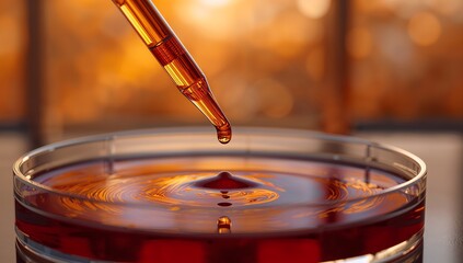Obraz premium Macro shot of a glass pipette dripping liquid into a petri dish