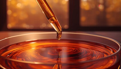 Obraz premium Macro shot of amber liquid dripping from pipette into petri dish