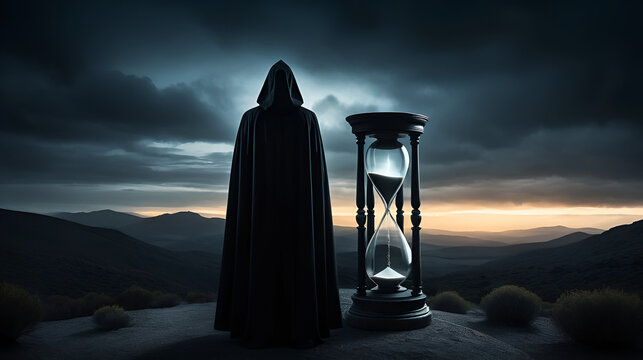 A haunting image of a cloaked figure standing beside a glowing hourglass in a dark and dramatic landscape, symbolizing time, mystery, and the unknown.