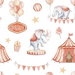 Seamless circus pattern with cute animals, elephant, balloons and flags. Hand drawn illustration for nursery wallpaper, fabric, wrapping and textile design. Suitable for kids, party and birthday theme © Elena