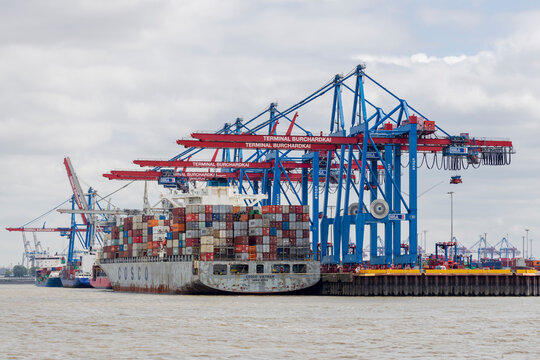 Hamburg, Germany - 5-3-2022: Cosco Vietnam loading at Burchardkai terminal Hamburg
