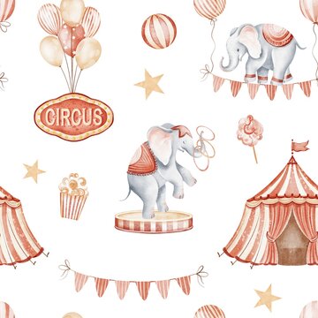 Seamless circus pattern with cute animals, elephant, balloons and flags. Hand drawn illustration for nursery wallpaper, fabric, wrapping and textile design. Suitable for kids, party and birthday theme