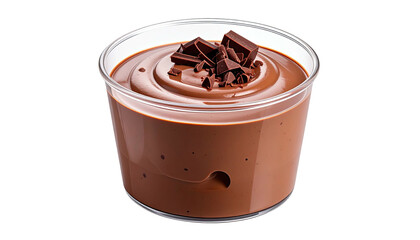Chocolate pudding dessert in a clear cup topped with dark chocolate shavings