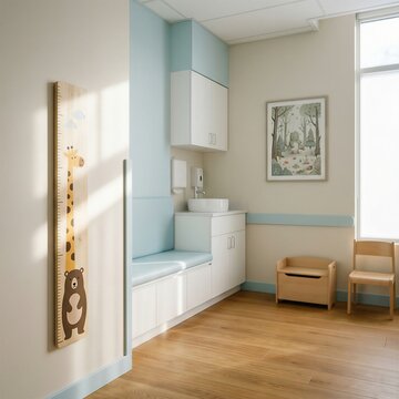 Empty Pediatric Exam Room with Height Chart and Soft Light