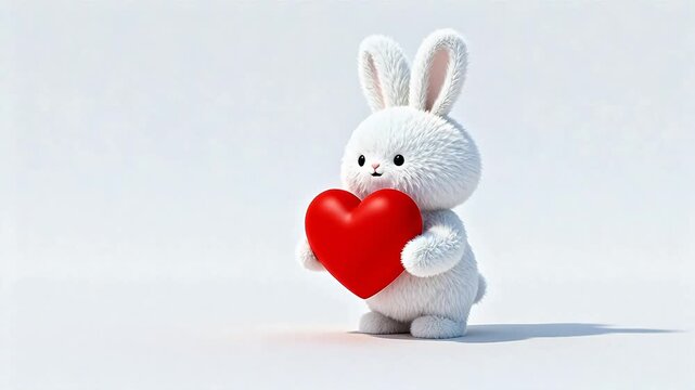 Cute white bunny holding red heart