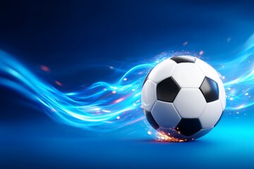 Naklejka premium Dynamic 3D Soccer Scene with Deep Blue Backdrop and Flowing Motion Effects