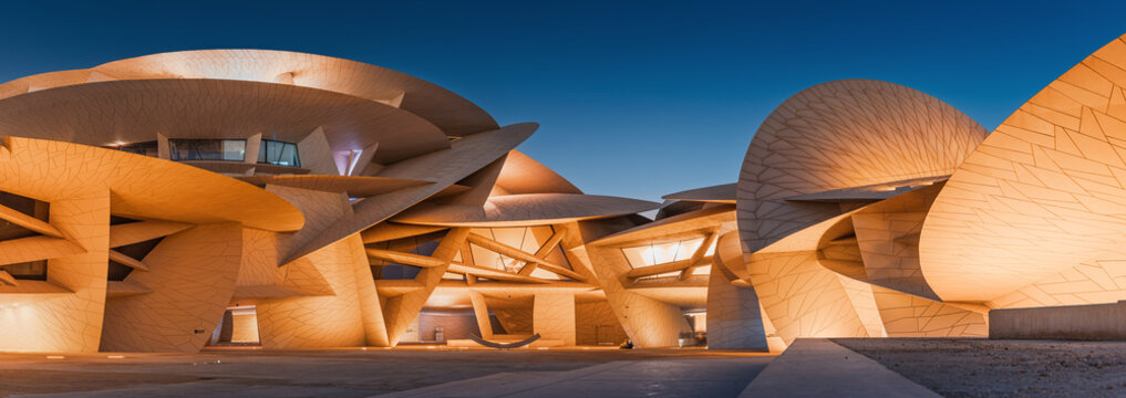 30 November 2025, Doha, Qatar: National Museum building with its unique interlocking disk architecture reflecting a desert rose at evening