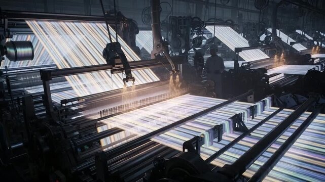 Smart Weaving Machines Creating Luminous Reactive Fabric on Futuristic Factory Floor