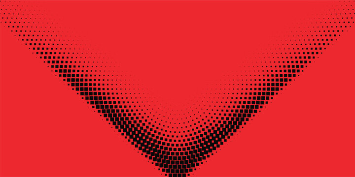 Red and black triangular halftone gradient background, abstract geometric dotted V shape pattern, modern digital vector illustration