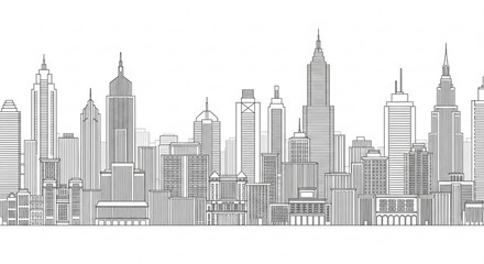 Obraz premium A minimalist black and white illustration of a city skyline with skyscrapers