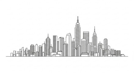 A minimalist black and white illustration of a city skyline with skyscrapers
