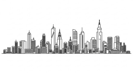 Obraz premium A minimalist black and white illustration of a city skyline with skyscrapers