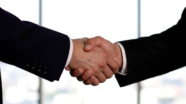 Two formally dressed figures in a handshake, with blurred background
