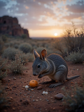 A bilby digs for food in an australian outback landscape at dawn