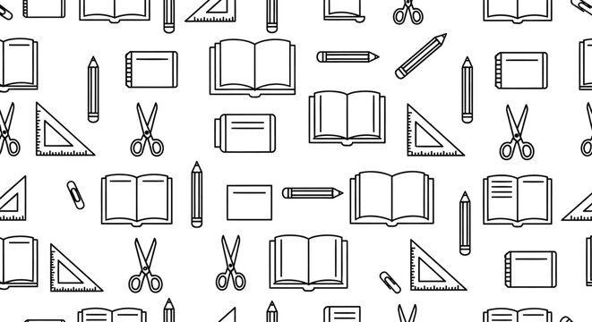 Seamless school supplies pattern &mdash; pencils rulers open books scissors thick black outline minimalist repeat vector on white