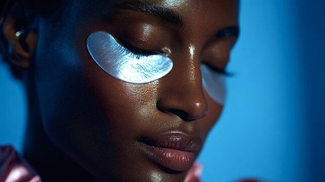 Young black woman with dark skin applying silver hydrating eye patches on her closed eyes, enjoying a relaxing beauty treatment against a blue background, focusing on self care and wellness