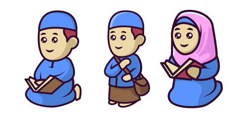 Set of Cute Moslem Kids Mascot Designs.
