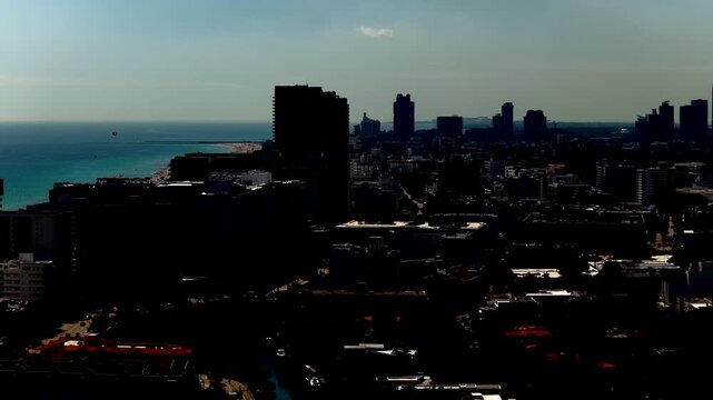 Dark silhouette of Miami Beach aerial video