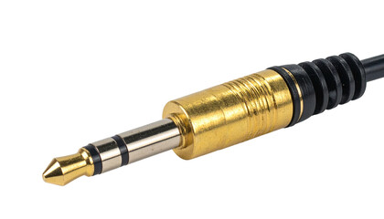 Close-up of a gold and silver audio jack with a black ribbed section & cable