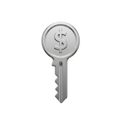 A silver key with a dollar sign on its round head, rendered on a black background