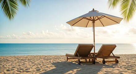 Relaxing beach scene with two lounge chairs under a large umbrella, surrounded by soft sand and gentle waves, evoking feelings of vacation and tranquility