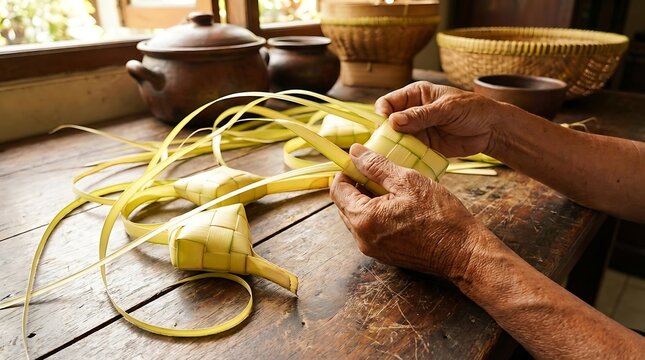 Close up of hands weaving young coconut leaves for traditional ketupat