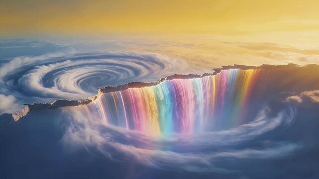 Giant magical cloud sinkhole with swirling rainbow waterfall