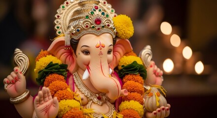 Decorated Ganesha idol for Ganesh Chaturthi. Hindu god Ganesha statue with garland of marigold flower and sweets for Pooja.