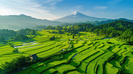 green rice field with traditional Japanese local village of Japan at Mount Fuji, one of the most visit destination of the world for traveler.