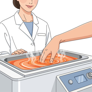 Patient hand soaking in warm paraffin wax bath for therapeutic relief