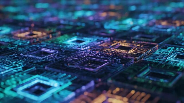 Close-up view of an abstract circuit board with glowing neon blue, green, and purple lights. Futuristic technology concept with intricate details and a shallow depth of field.