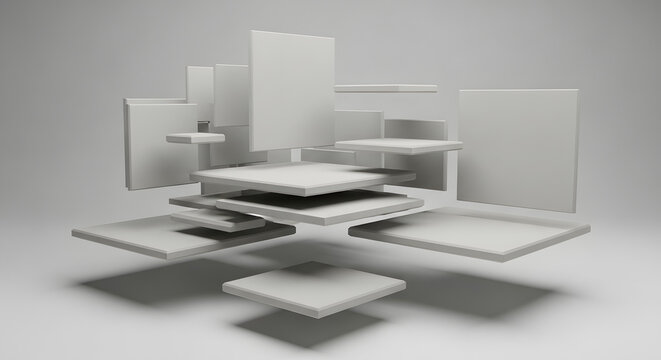 Abstract geometric composition of numerous floating grey square and rectangular blocks, complex spatial design.