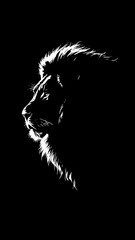 "A powerful lion silhouette standing on top of a rock cliff, roaring with mouth open, side profile view, detailed mane outline, black solid shadow figure, minimalistic style, white background, high co