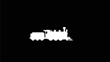 Obraz premium White silhouette of a vintage steam train locomotive icon with tender on a black background, classic transportation symbol.