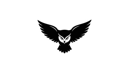 Obraz premium Stylized flying owl silhouette logo design on white background, majestic black bird with spread wings, minimalist graphic element.