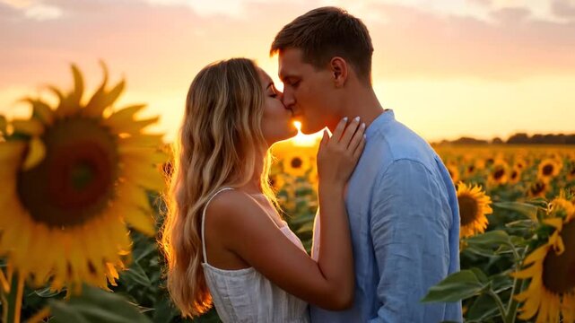 Couple sharing a romantic kiss among sunflowers at sunset in a field with tender affection