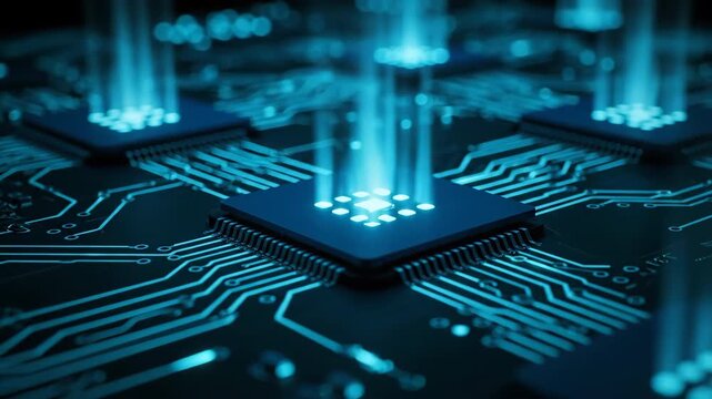 Close-up of an abstract digital circuit board with multiple microchips emitting glowing blue data streams, representing technology and information transfer.