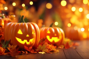 Fototapeta premium Bright and Cheerful Halloween Pumpkin Patch with Carved Jack-o'-lanterns