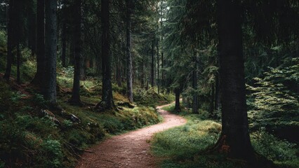 Obraz premium Forest path through tall green trees