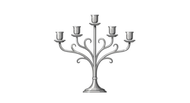 An ornate silver candelabra with five curved arms holds individual candle cups in a classic decorative design.