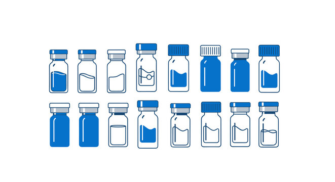 Collection of small medical vials and bottles, some filled with blue liquid and some empty, arranged in two rows.