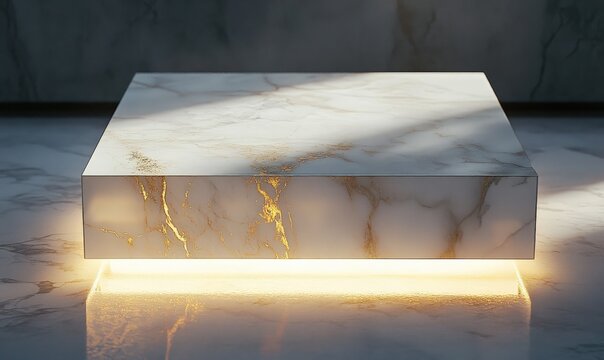 Elegant marble display pedestal with golden veins and soft underglow lighting for product presentation