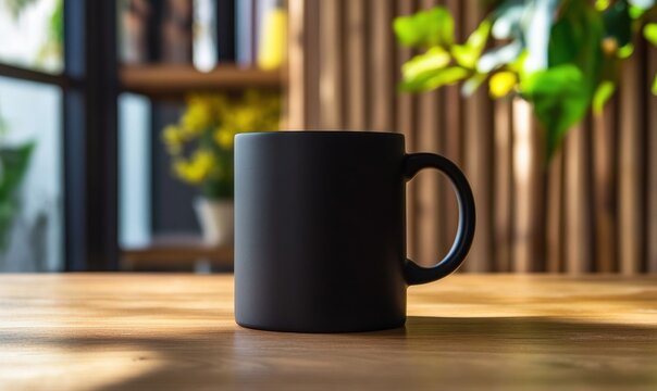 Simple black matte mug on a wooden table with soft natural light and blurred background