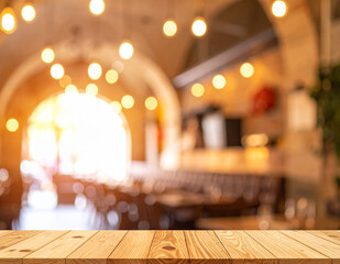 Fresh pizza on wooden table in a warm Italian restaurant with bokeh lighting, inviting atmosphere and shallow depth of field.