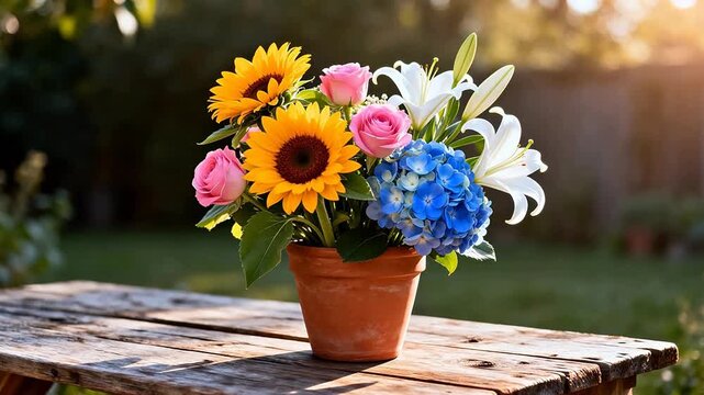 Flower arrangement in pot on wooden table