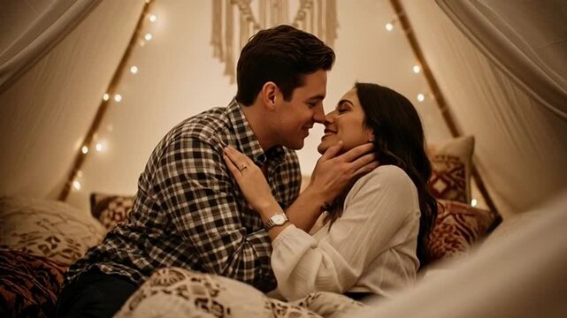 A romantic kiss shared between two lovers in an intimate glamping setting with soft string lights