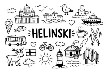 Fototapeta premium Helsinki Finland travel doodle set, hand drawn nordic city landmarks, finnish symbols and winter activities in line art style