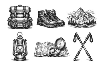 Vintage hiking and camping engraving set, antique outdoor adventure sketch with mountains, backpack, compass and campfire in woodcut style